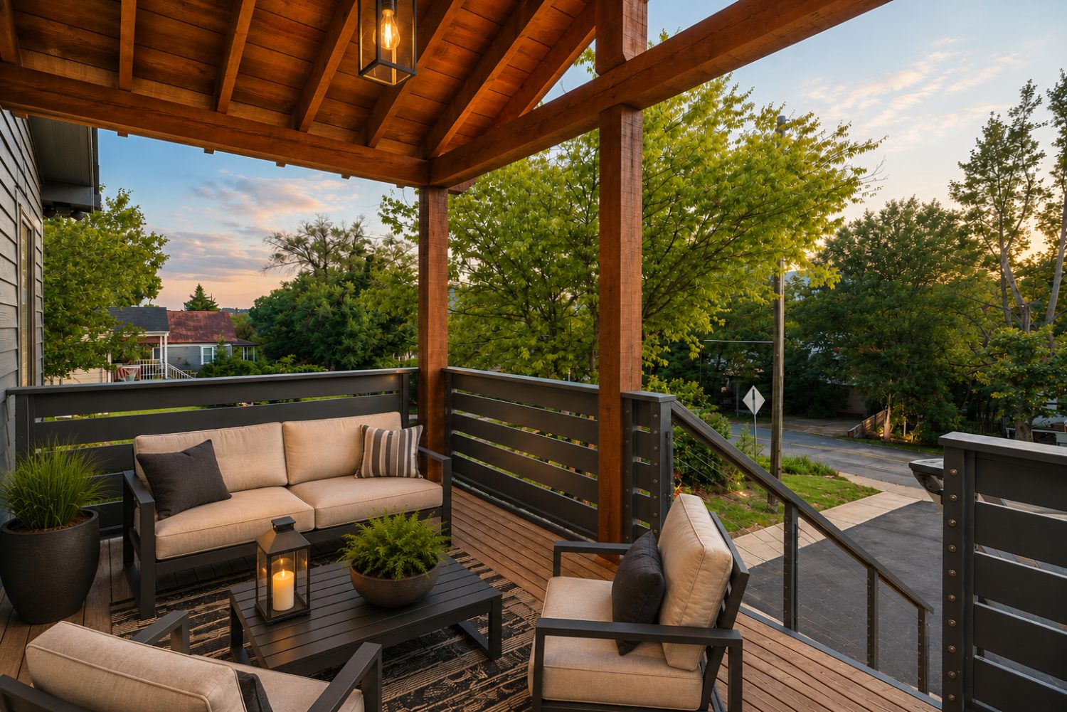 Covered porch at Unit A2 looking out to trees and the street at sunset
