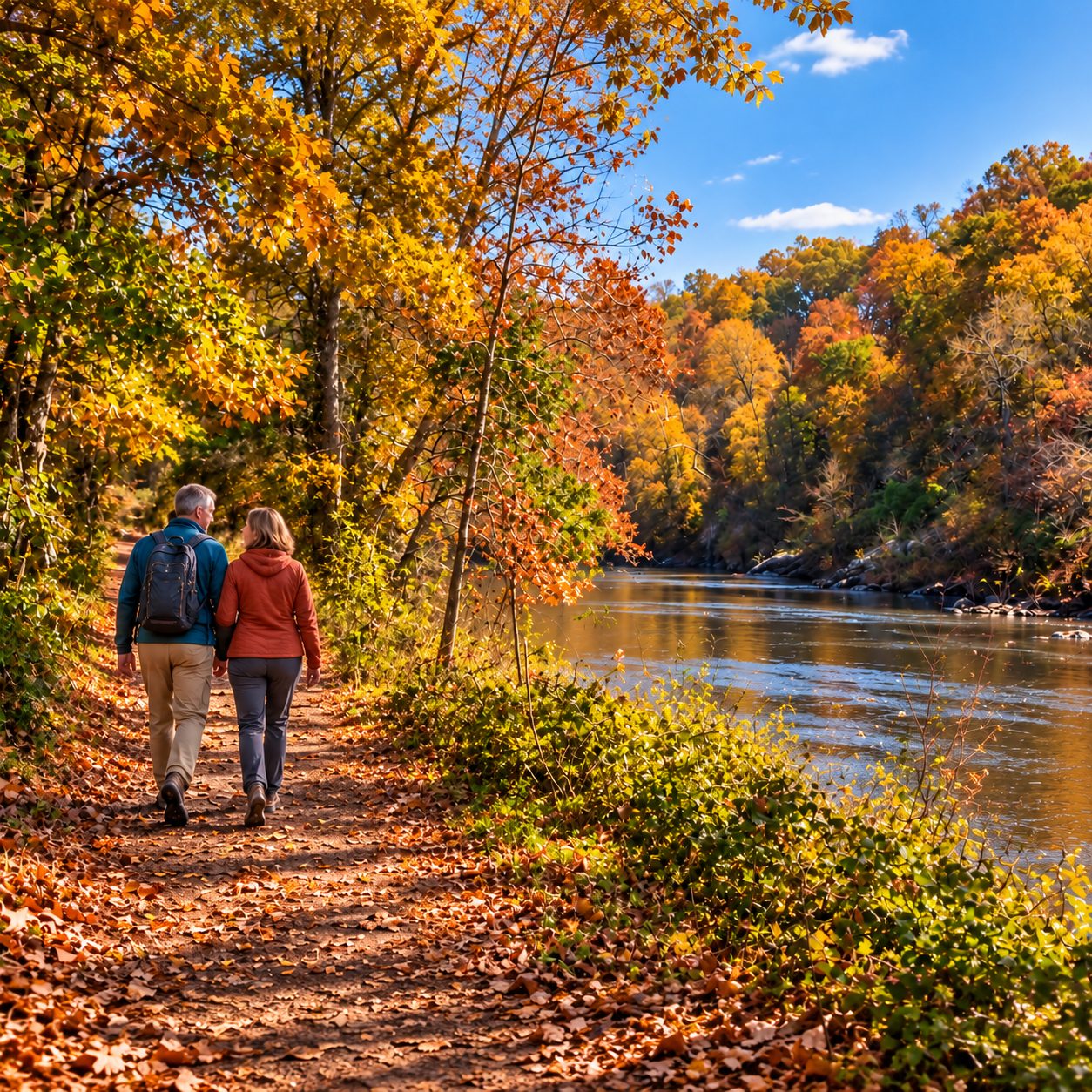 Two people walking the Rivanna Trail alongside the river under autumn foliage