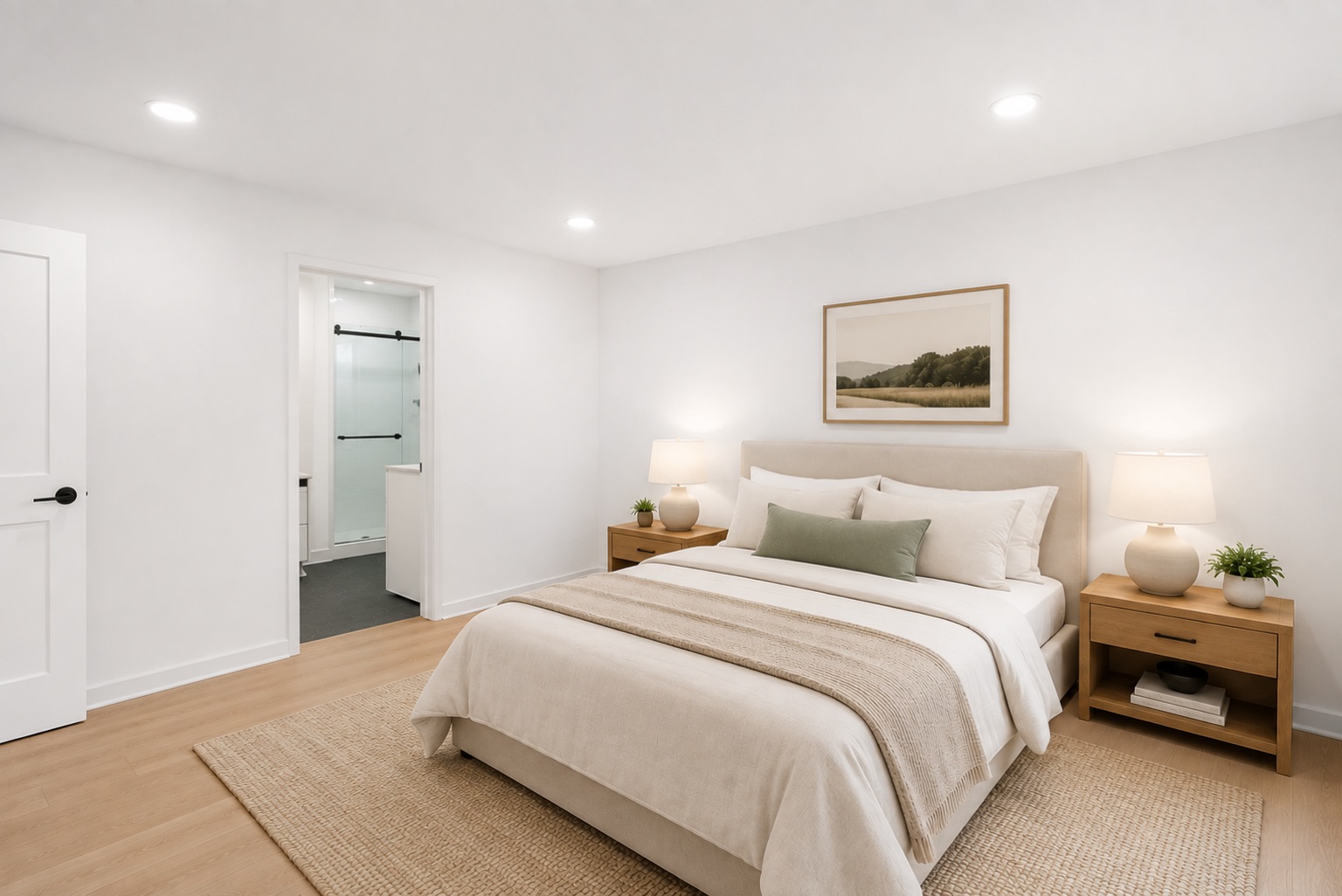 Bedroom at Unit A with the bath visible through the doorway