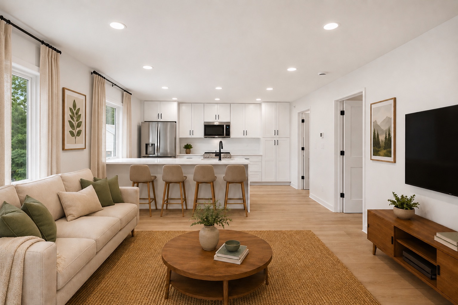Living room at Unit A looking through to the kitchen, with oak floors and island seating