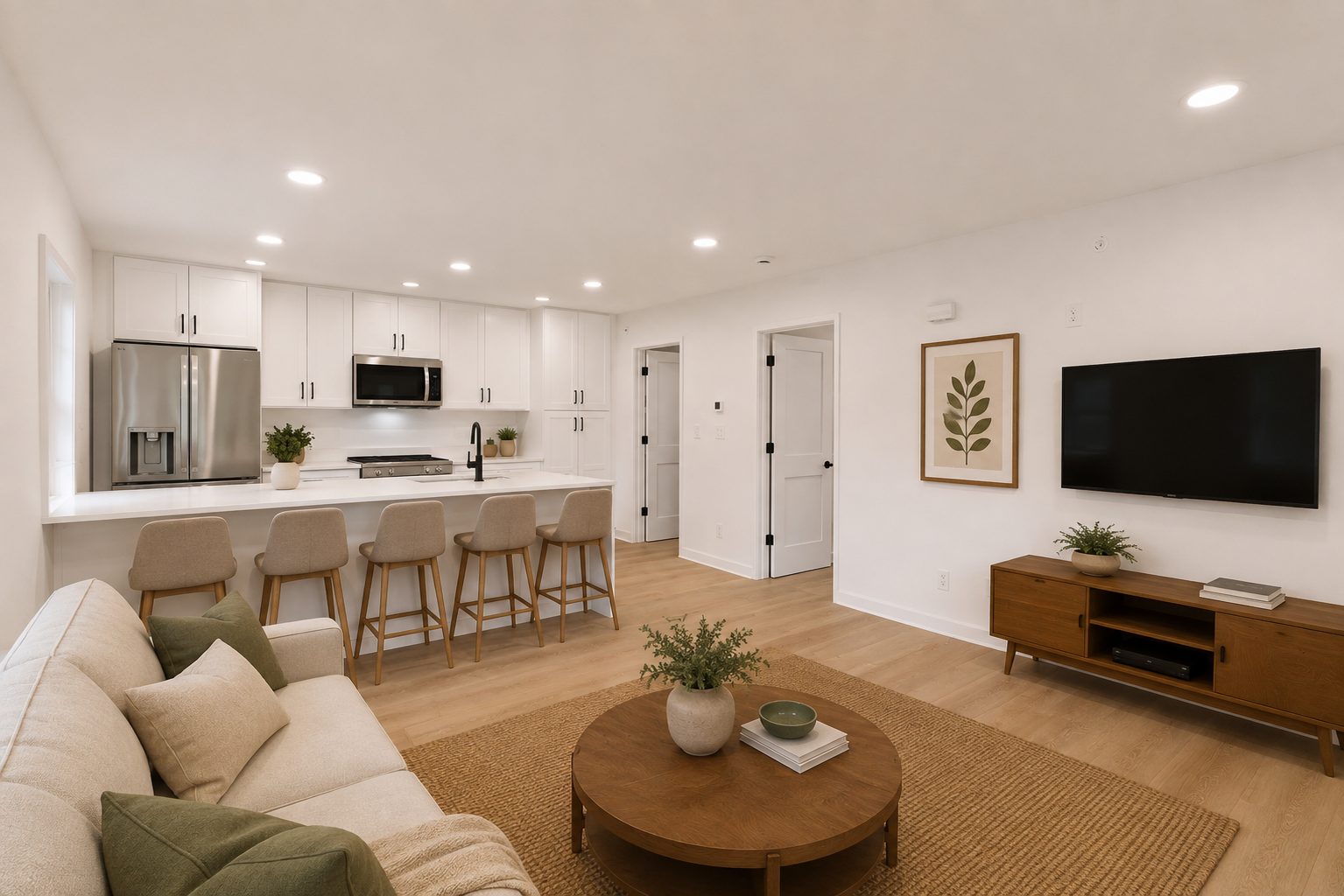 Unit A living room and kitchen with island seating, oak floors, and recessed lighting
