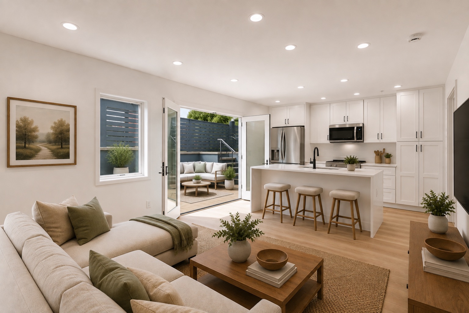 Living room at Unit B with the doors folded open to the patio and its lounge seating