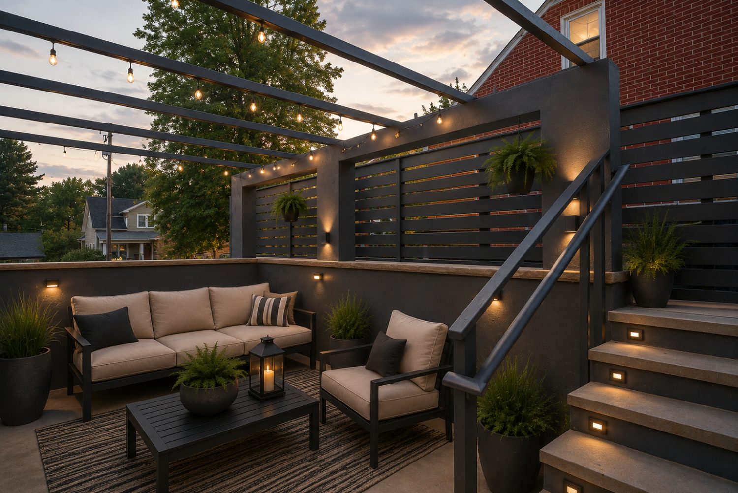 Unit B patio at dusk, lounge seating under string lights beside the stair