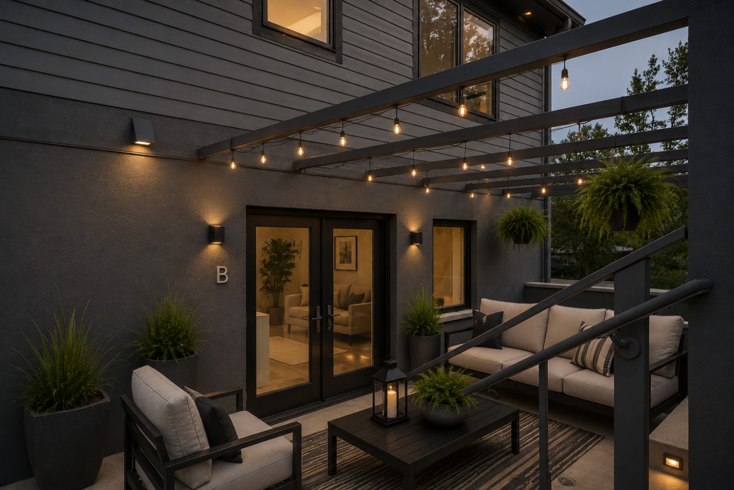 Patio at Unit B with steel pergola, string lights, and horizontal slat screen
