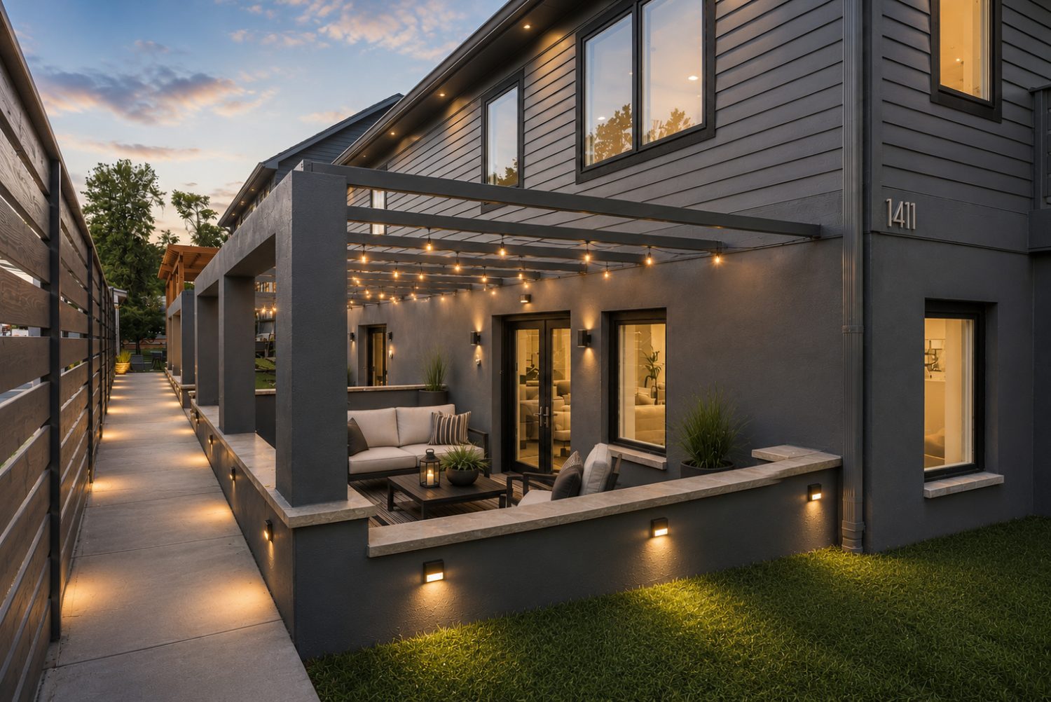 The building along the garden side at dusk, lit walkway and pergola running the length of the lower porches