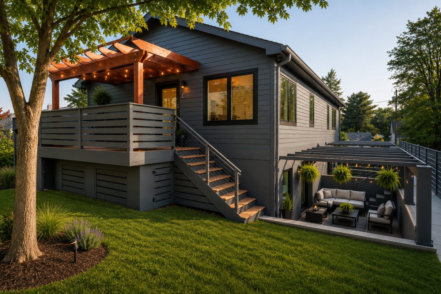 Rear elevation showing Unit C's raised deck with cedar pergola above a lower patio