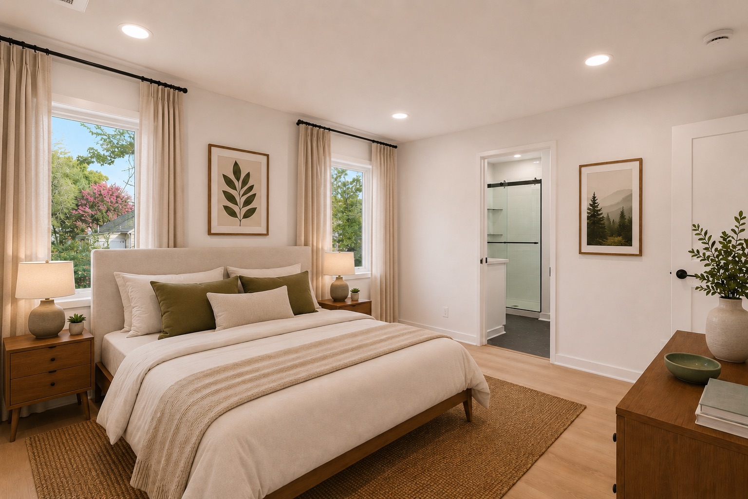 Bedroom at Unit C with two windows and a sliding door to the bath