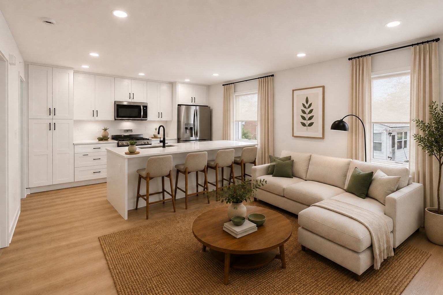 Living room and kitchen at Unit C, with the island and windows to the street