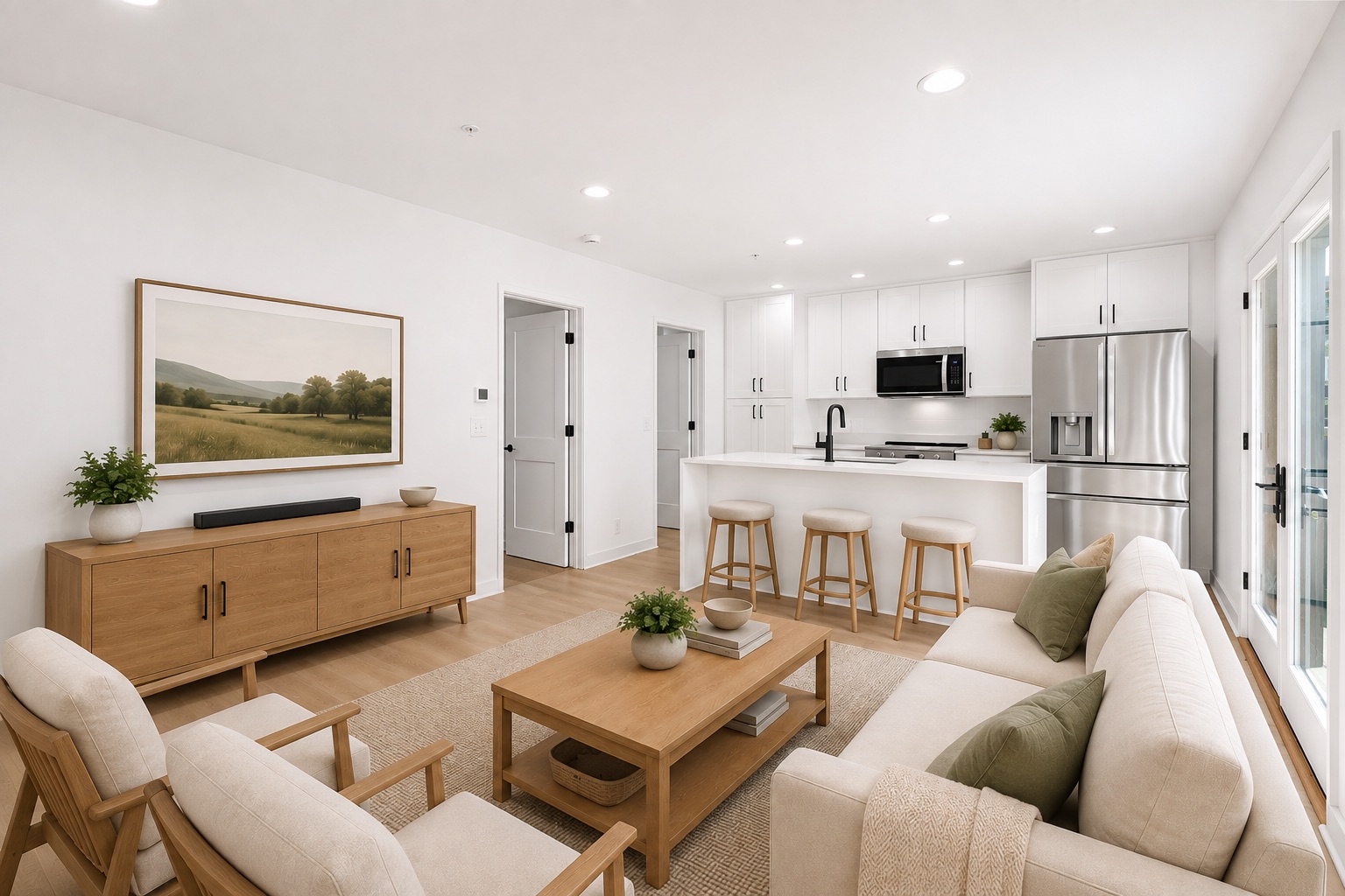 Living room and kitchen at Unit D, white oak floors running the length of the room